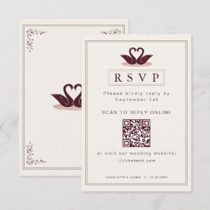 Burgundy Rose Whimsical Swan Monogram QR Code RSVP Card