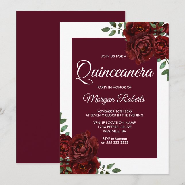 Burgundy Rose White Border Quinceanera Invite (Front/Back)
