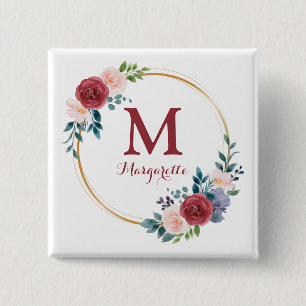 Burgundy Rose Wreath Custom Monogram & Name 15 Cm Square Badge