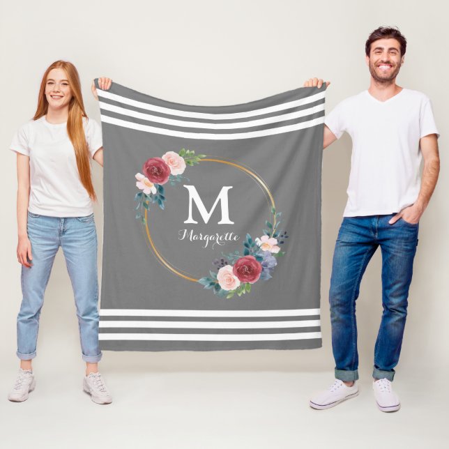 Burgundy Rose Wreath Custom Monogram & Name Fleece Blanket (In Situ)