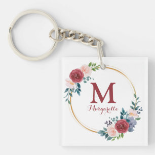Burgundy Rose Wreath Custom Monogram & Name Key Ring