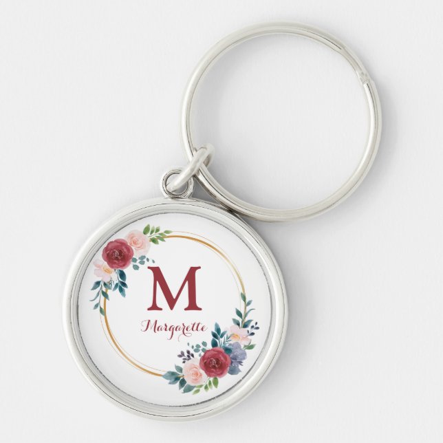 Burgundy Rose Wreath Custom Monogram & Name Key Ring (Front)