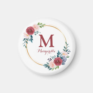 Burgundy Rose Wreath Custom Monogram & Name Magnet