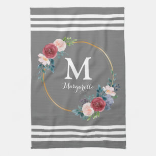 Burgundy Rose Wreath Custom Monogram & Name Tea Towel