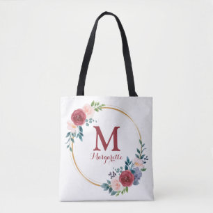 Burgundy Rose Wreath Custom Monogram & Name Tote Bag