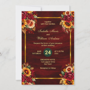 Burgundy Rose Yellow Sunflower Fall Wedding Invitation
