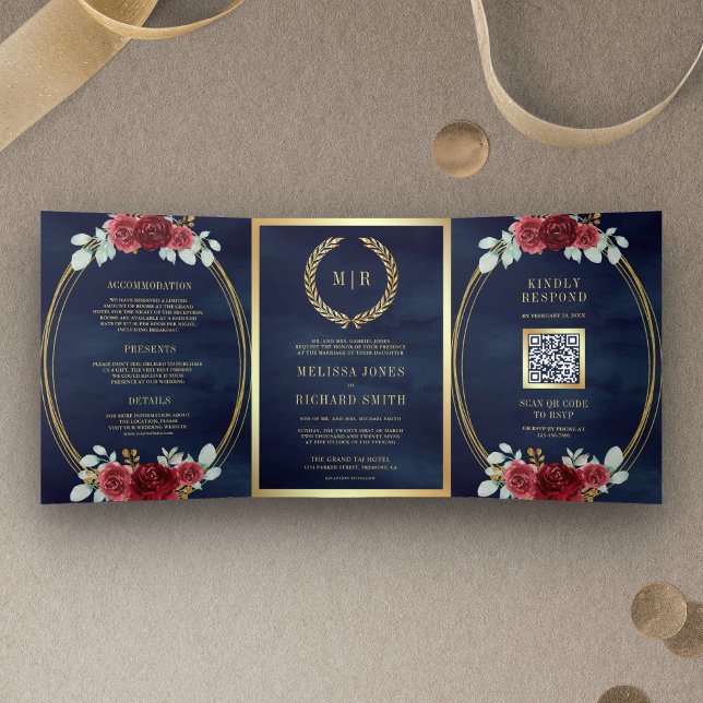 Burgundy Roses All in One QR Code Navy Wedding Tri-Fold Invitation (Creator Uploaded)