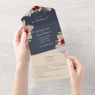 Burgundy Roses and Pampas Grass Wedding All In One Invitation