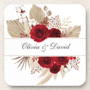 Burgundy Roses and Pampas Grass Wedding Coaster