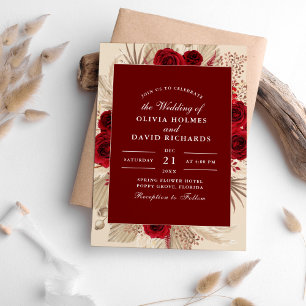 Burgundy Roses and Pampas Grass Wedding Invitation