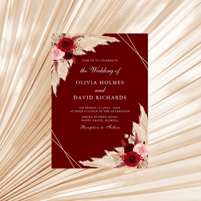 Burgundy Roses and Pampas Grass Wedding Invitation (Burgundy Roses and Pampas Grass Wedding Invitation on a sunny neutral dry palm leaf)