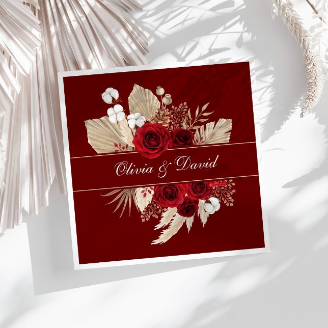 Burgundy Roses and Pampas Grass Wedding Napkins (Burgundy Roses and Pampas Grass Wedding Napkins on a sunny white table.)