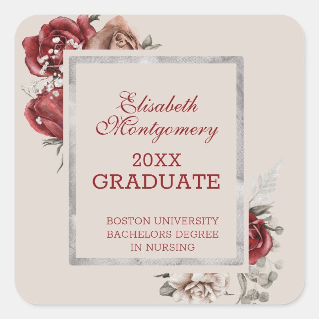 Burgundy Roses and Silver Frame Graduation Party   Square Sticker (Front)