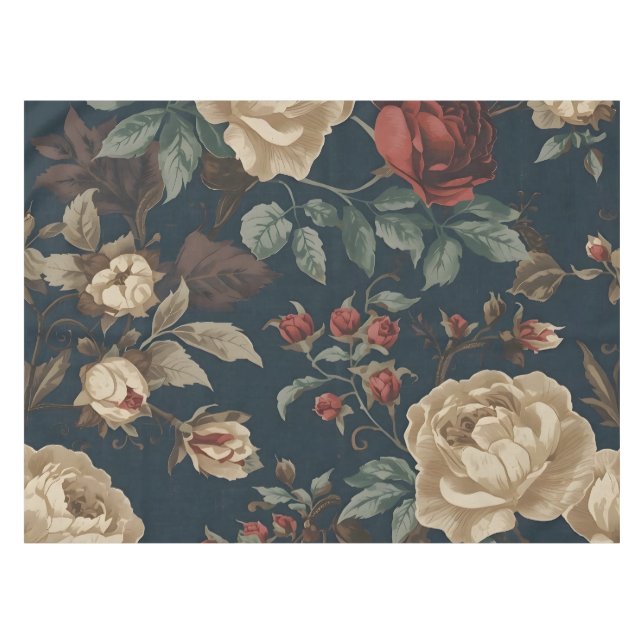Burgundy roses antique peony distressed tablecloth (Front (Horizontal))