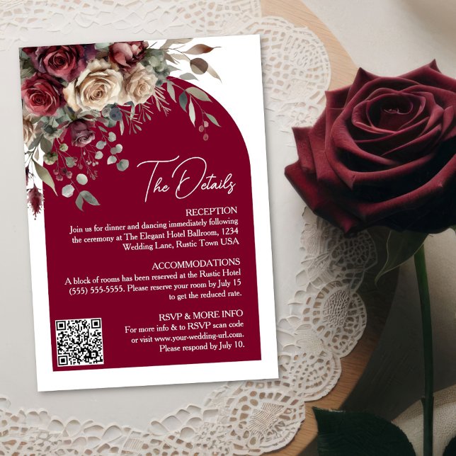 Burgundy Roses Arch QR Code Wedding Details Enclosure Card (Creator Uploaded)