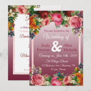 Burgundy Roses Blue Bird Floral Wedding Invitation