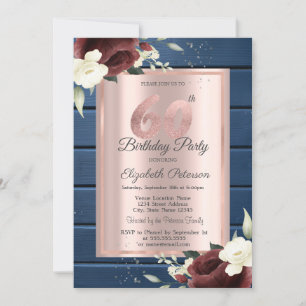 Burgundy Roses,Blue Wood Rose Gold 60th Birthday Invitation