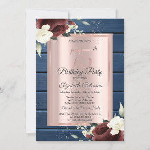 Burgundy Roses,Blue Wood Rose Gold 75th Birthday Invitation