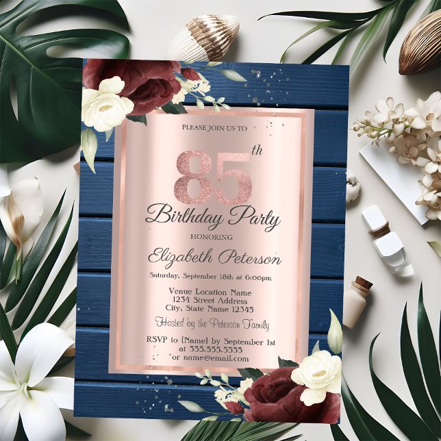 Burgundy Roses,Blue Wood Rose Gold 85th Birthday Invitation (Creator Uploaded)