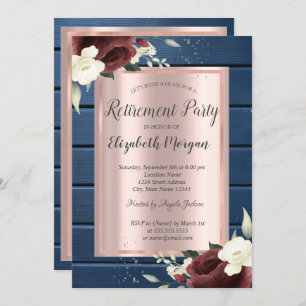 Burgundy Roses,Blue Wood Rose Gold Retirement  Invitation