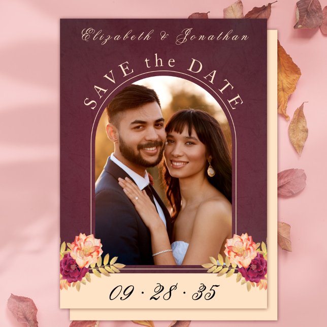 Burgundy Roses Boho Photo Wedding Save the Date (Burgundy Roses Boho Photo Wedding Save the Date)