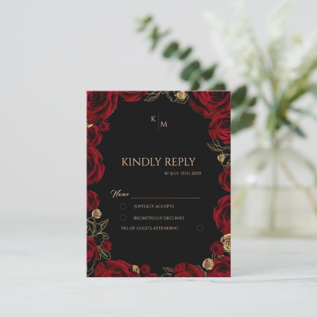 Burgundy Roses Boho Wedding RSVP Card (Standing Front)