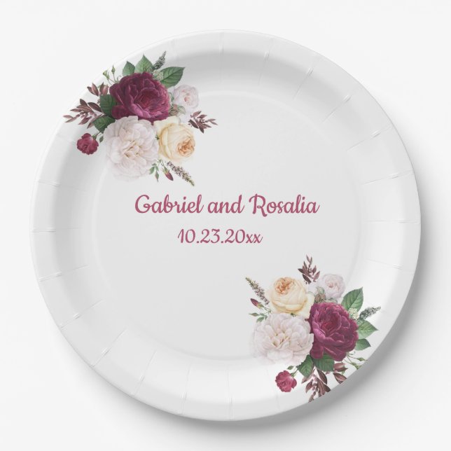  Burgundy Roses Bouquet  Engagement Party Paper Plate (Front)