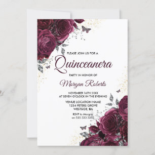 Burgundy Roses Butterflies Quinceanera Party Invitation