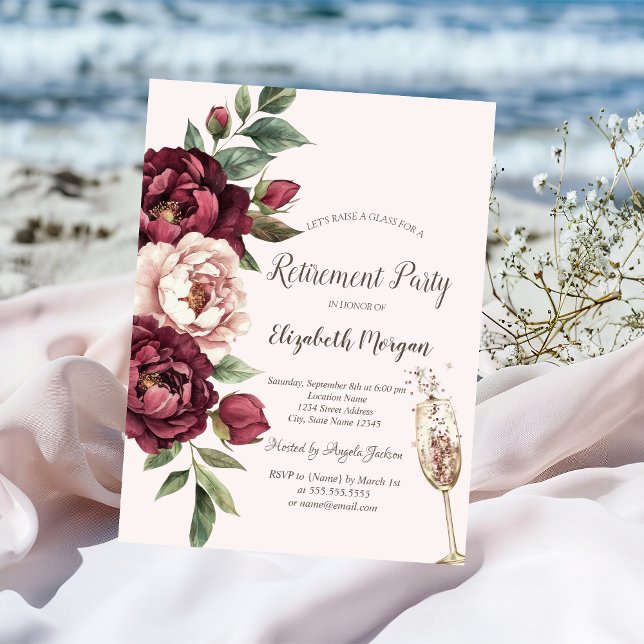 Burgundy Roses,Champagne Glass Retirement Invitation (Creator Uploaded)