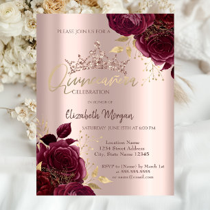 Burgundy Roses Chic Rose Gold Quinceañera  Invitation