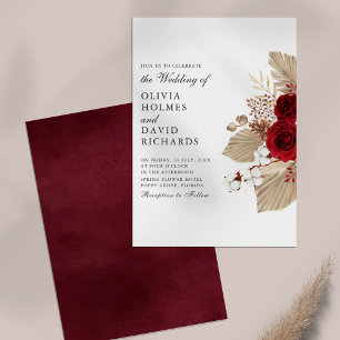 Burgundy Roses & Cotton Flowers Wedding Invitation