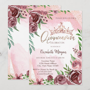 Burgundy Roses Crown Quinceañera Invitation