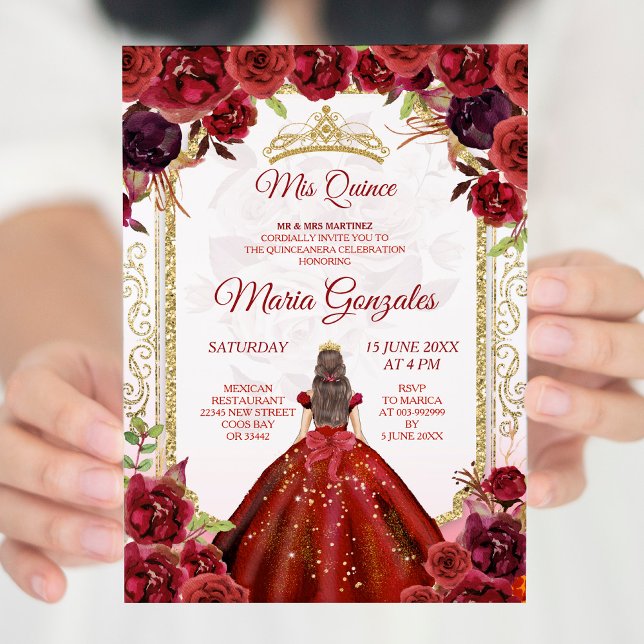 Burgundy Roses & Dress Girl Charra Mis Quince Invitation (Creator Uploaded)