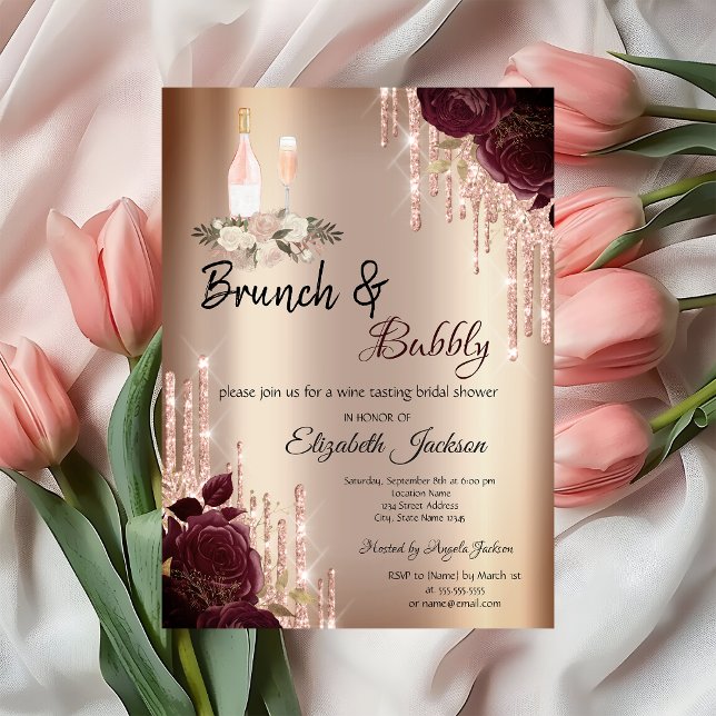 Burgundy Roses Drips Brunch & Bubbly Bridal Shower Invitation (Creator Uploaded)