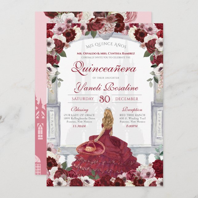 Burgundy Roses Elegant Charro Princess Quinceanera Invitation (Front/Back)