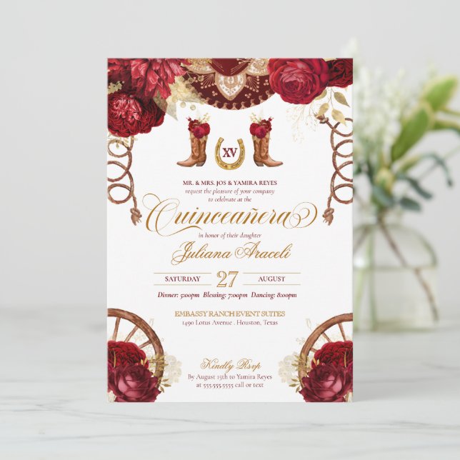 Burgundy Roses Elegant Charro Western Quinceanera Invitation (Standing Front)