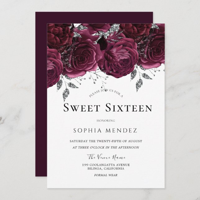 Burgundy Roses Elegant Sweet 16 Party Invitation (Front/Back)