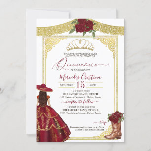 Burgundy Roses Elegant Western Charro Quinceanera  Invitation