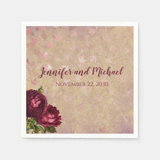 Burgundy Roses Fall Wedding Napkins Personalised (Front)