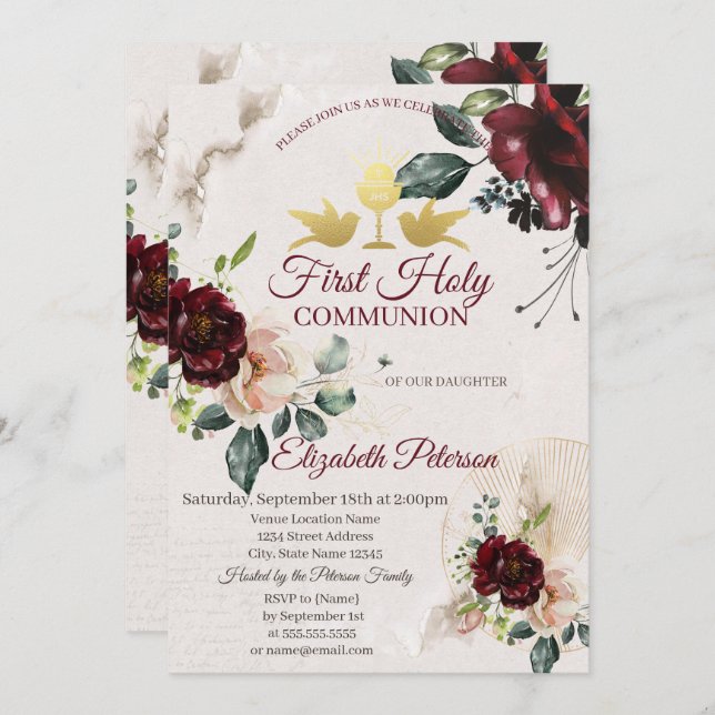 Burgundy Roses First Holy Communion  Invitation (Front/Back)