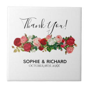 BURGUNDY ROSES FLORAL GARLAND FLOWER THANK YOU CERAMIC TILE