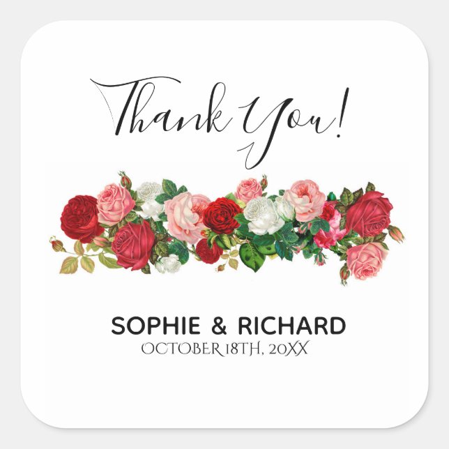 BURGUNDY ROSES FLORAL GARLAND FLOWER THANK YOU SQUARE STICKER (Front)