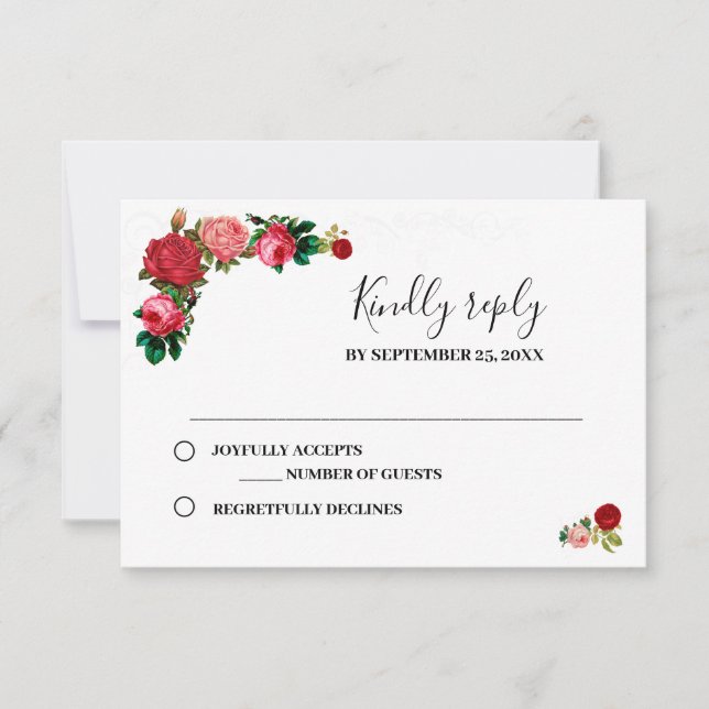 Burgundy Roses Floral Garland Flower Wedding RSVP Card (Front)