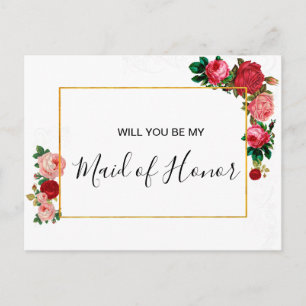 Burgundy Roses Floral Garland Maid of Honour Invitation Postcard