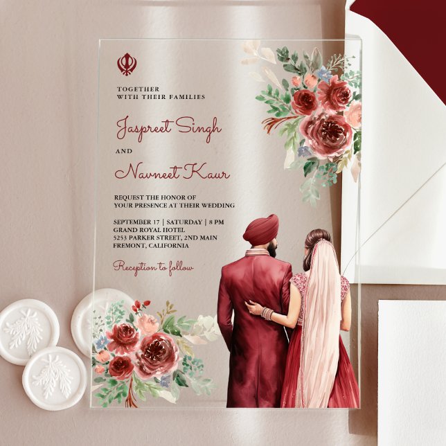 Burgundy Roses Floral Indian Punjabi Sikh Wedding Acrylic Invitations (Creator Uploaded)
