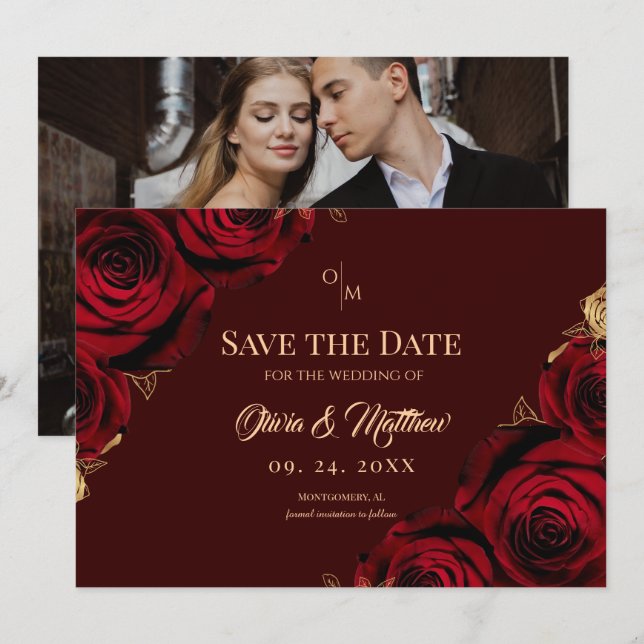  Burgundy Roses Floral Marsala Wedding Save The Date (Front/Back)