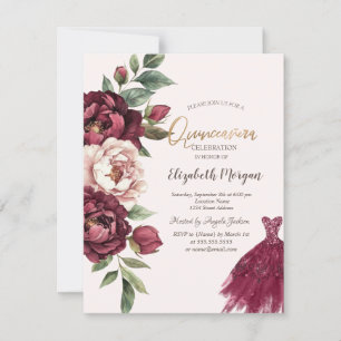 Burgundy Roses,Glitter Dress Quinceanera Invitation