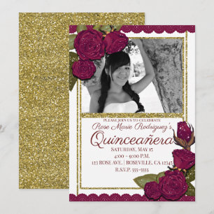 Burgundy Roses Glitter Quinceañera Birthday Party Invitation