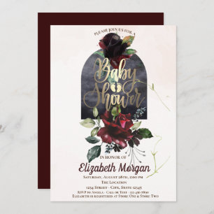 Burgundy Roses Gold Baby Shower Invitation