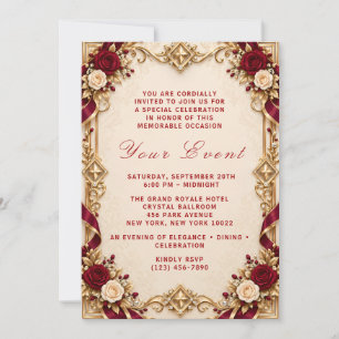 Burgundy Roses & Gold Elegant Formal Party Invitation